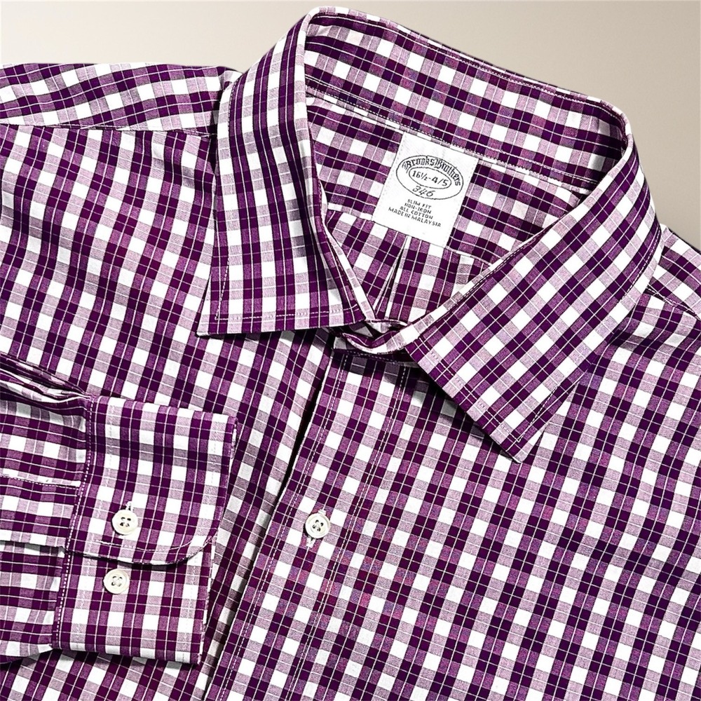 Brooks Brothers 346 Mens 16.5 Slim Fit Non Iron Purple Plaid Long Sleeve Shirt L